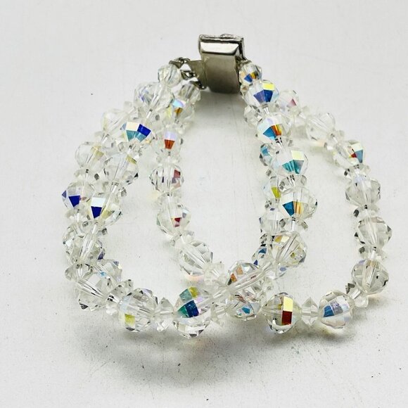 Triple Strand Beaded Bracelet Silver Tone Rhinestone Clasp Sunburst Glam Bling - Picture 2 of 8